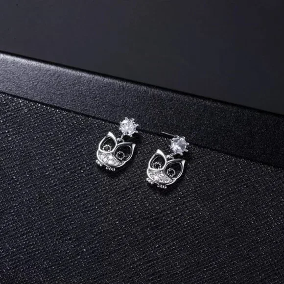 14k Gold Adorable Diamond Owl Earrings Sterling Silver - Picture 2 of 9